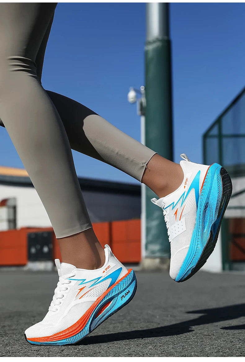 Simples Market running shoes, white mesh with blue/orange accents, air-cushioned lightweight sneakers
