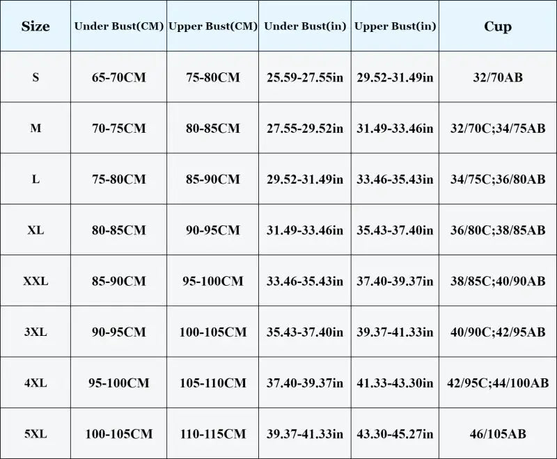 Simples Market women's plus-size breathable mesh sports bra size chart with under/upper busts and cup ranges S–5XL