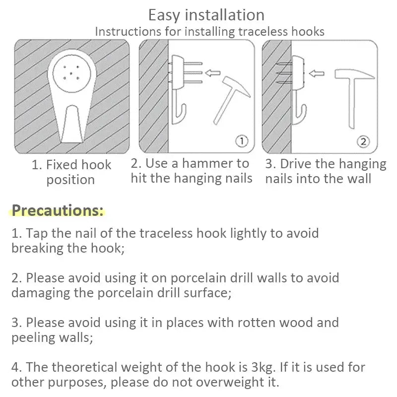 Wall clock installation guide by Simples Market for 8/12 inch mute quartz clock using traceless hooks.