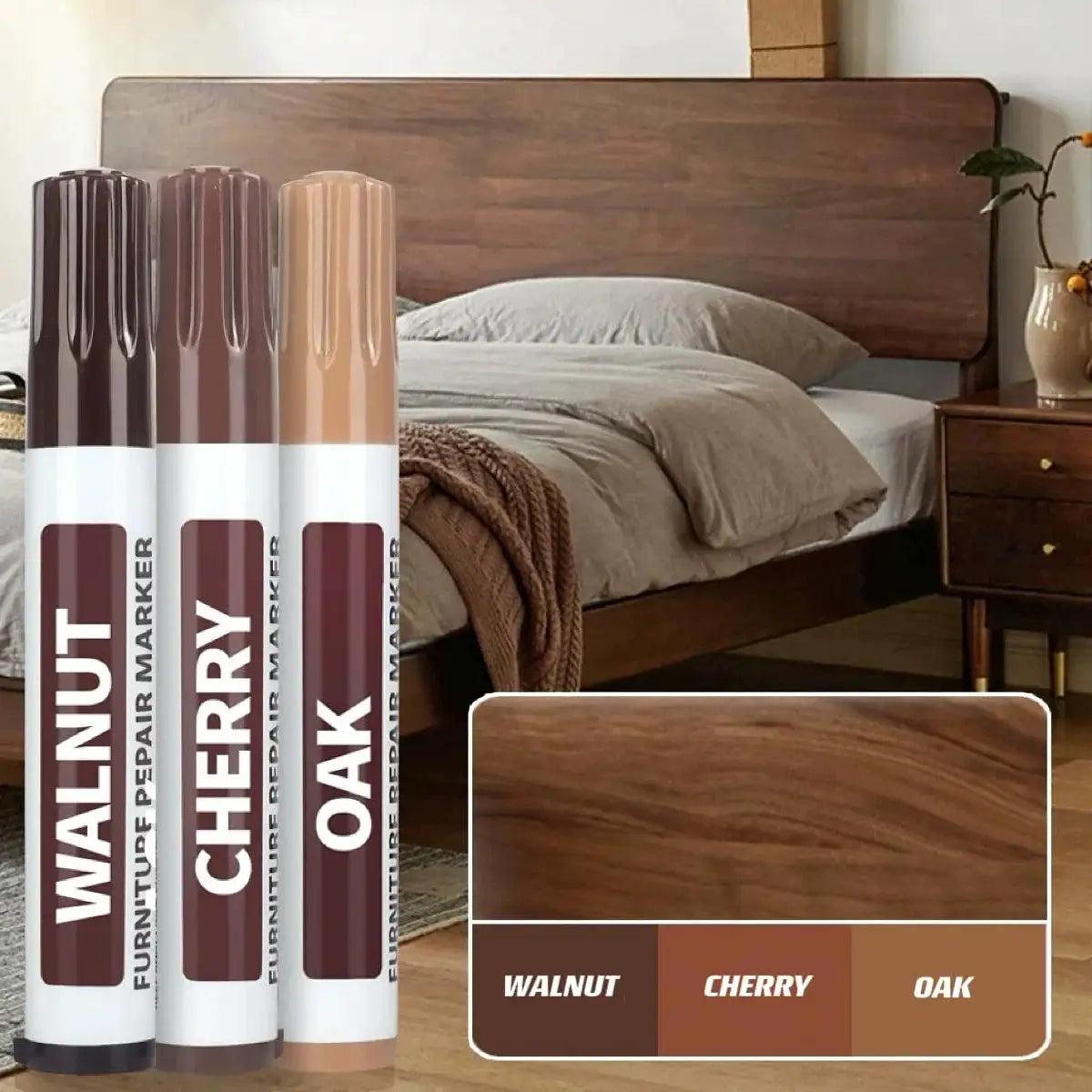Set of 6 furniture repair pens; three visible in walnut, cherry, oak tones