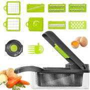 Advanced Vegetable Cutter by Simples Market with lime-green wave-cut blades and assorted attachments