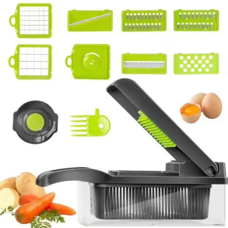 Advanced Vegetable Cutter by Simples Market with lime-green wave-cut blades and assorted attachments