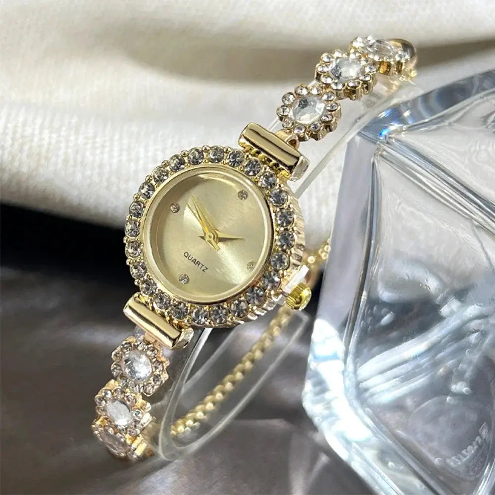 Fashion rhinestone women's watch with diamond flower bracelet, gold-tone quartz movement