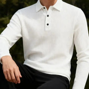Men's white ribbed long-sleeve polo shirt with button placket