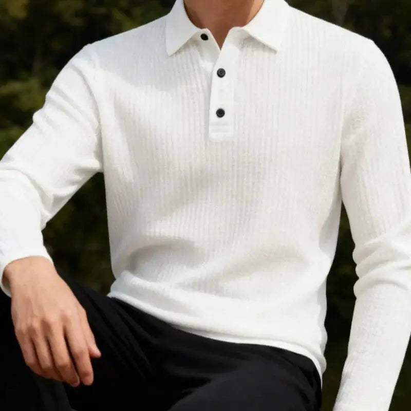 Men's white ribbed long-sleeve polo shirt with button placket