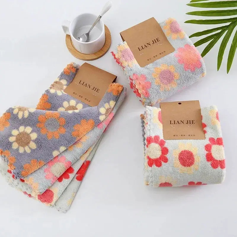 4Pcs kitchen cleaning cloths with coral fleece, sunflower floral pattern, 30x30cm, LIAN JIE