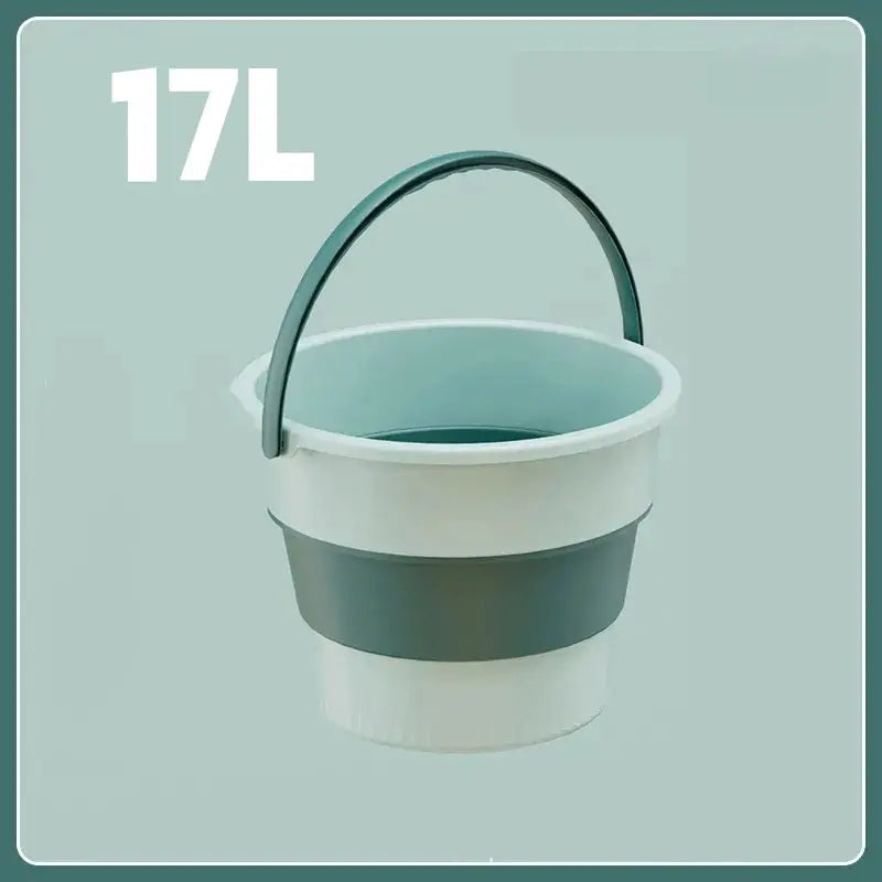 Foldable 17L silicone bucket with handle; white and gray two-tone for car wash, camping, or bathroom use