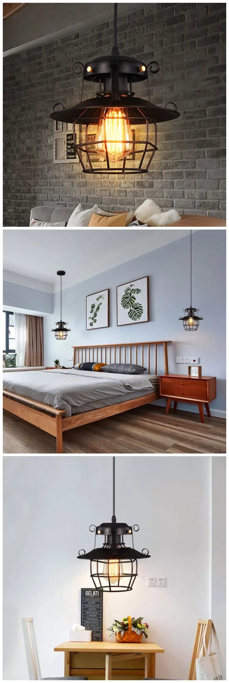 Industrial pendant chandelier by Simples Market; black metal cage with warm Edison bulb for dining or bedroom.