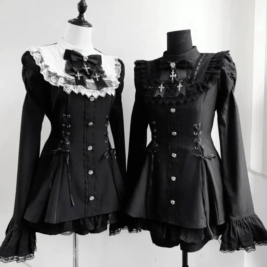 Y2K Lolita Bow Dress Shorts Set Gothic Lace Flare Sleeve Shirt Dress