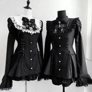 Y2K Lolita Bow Dress Shorts Set Gothic Lace Flare Sleeve Shirt Dress
