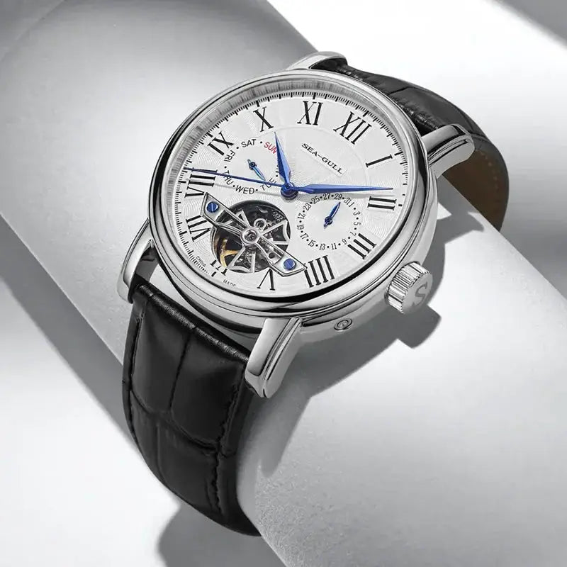 Seagull luxury men's mechanical watch with stainless steel case, blue hands, Roman numerals, and black leather strap.