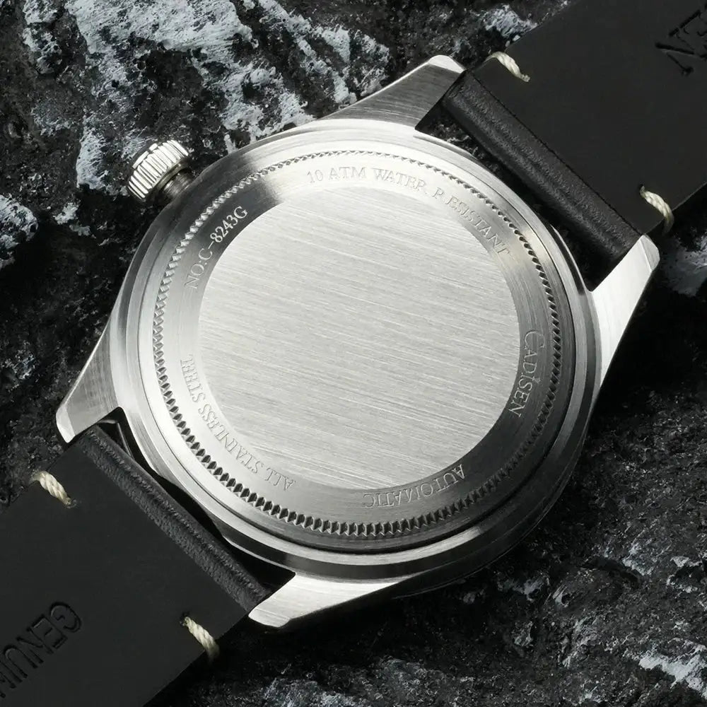 CADISEN 2026 men's mechanical watch with black leather strap and stainless steel case back