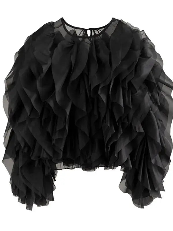 Twotwinstyle Elegant Patchwork Ruffles Chiffon Blouse O Neck Lantern