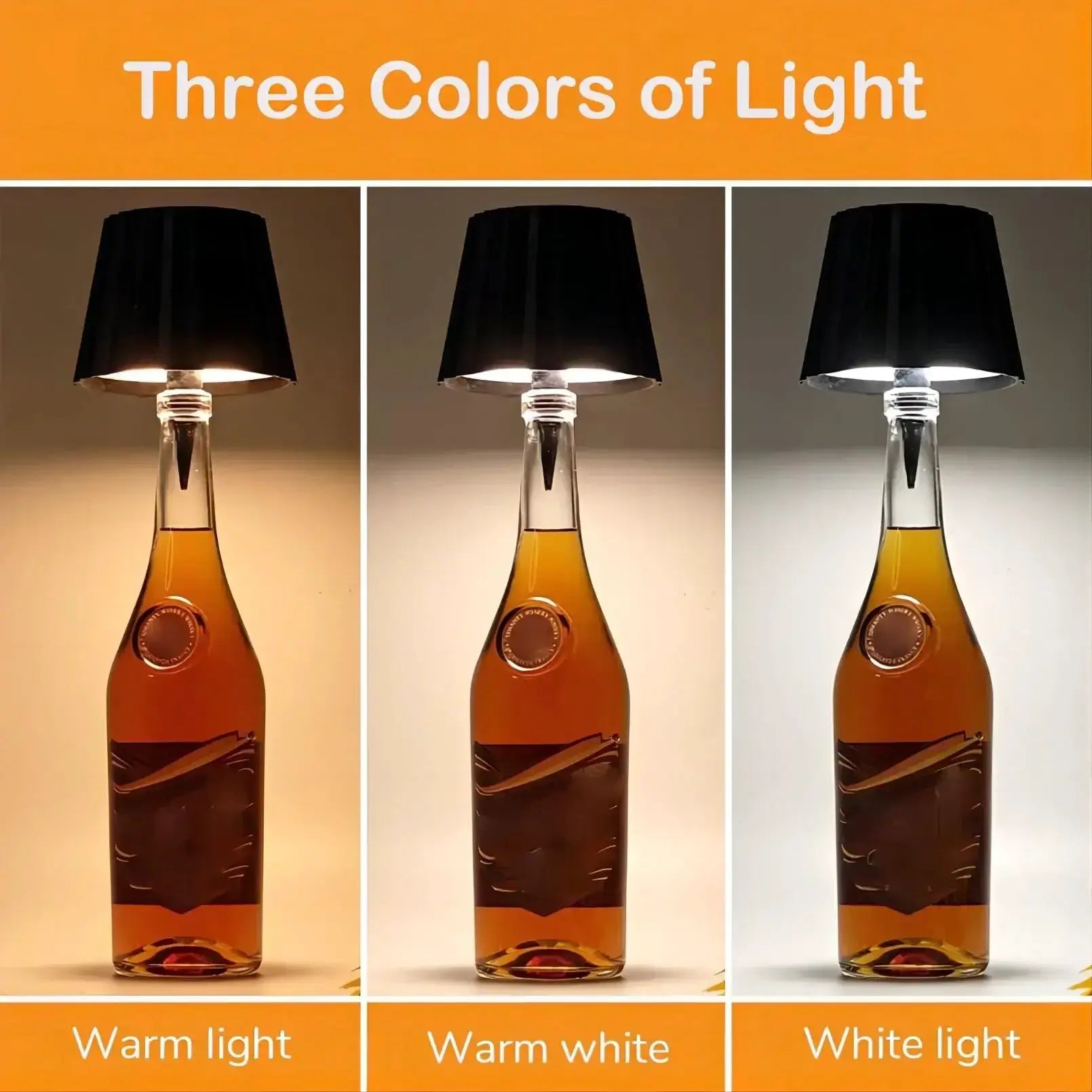 Lampe de table bouteille sans fil, abat-jour noir, commande tactile, 3 couleurs de lumière: Warm light, Warm white, White light — Simples Market