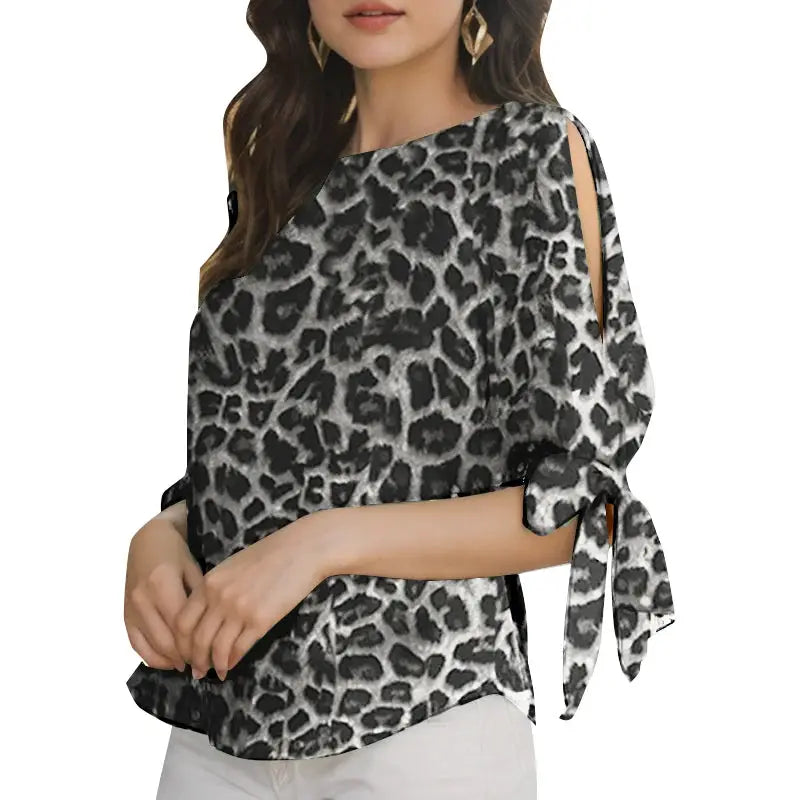 ZANZEA Leopard Print Blouse Women Lace Up Bohemian Short Sleeve Top