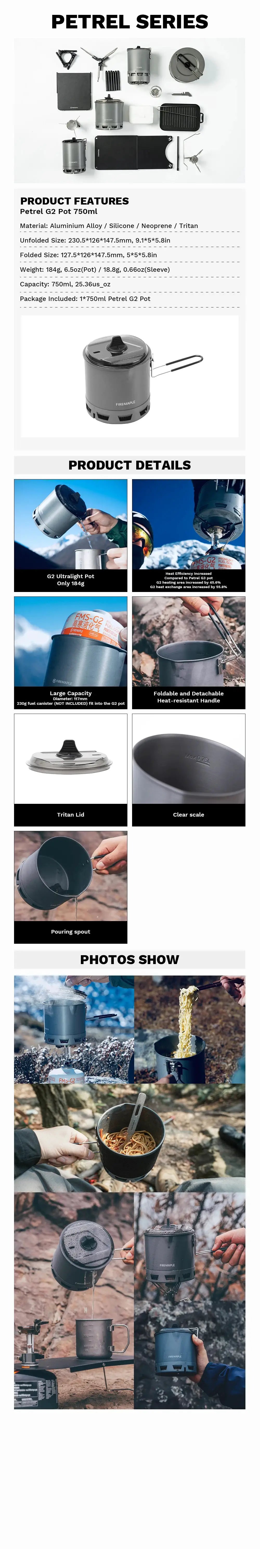 Fire-Maple G2 Petrel ultralight 750ml pot in gray aluminum with foldable handle