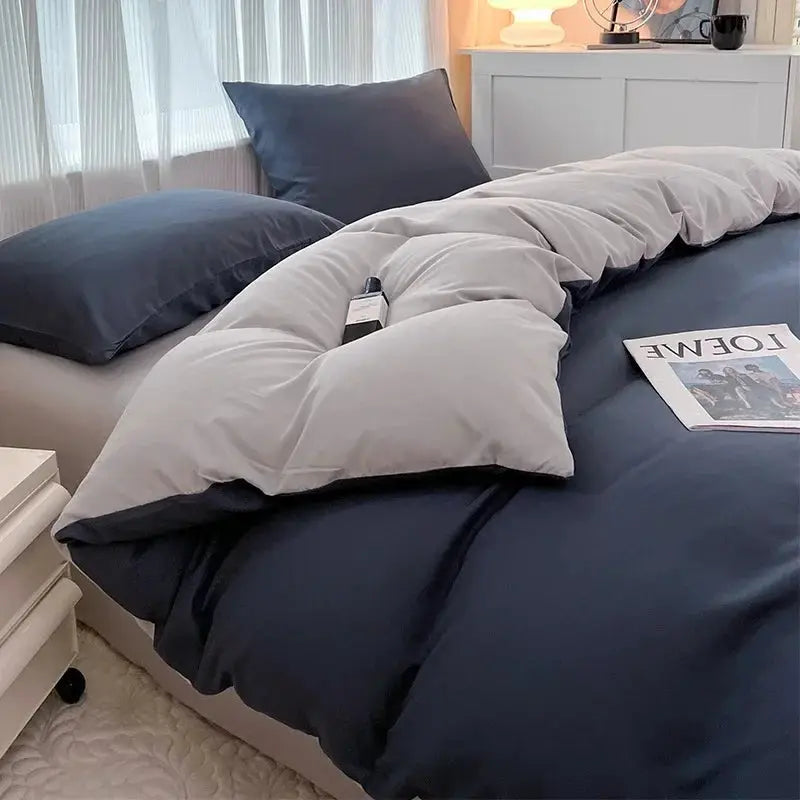 Simples Market 4-piece brush-fabric bed set; two-tone navy and light gray, includes duvet cover and pillowcases