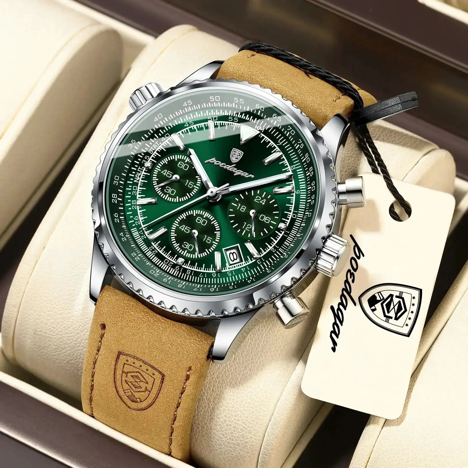 POEDAGAR men's tan leather-strap wristwatch with green dial, chronograph subdials, date, waterproof stainless steel case.