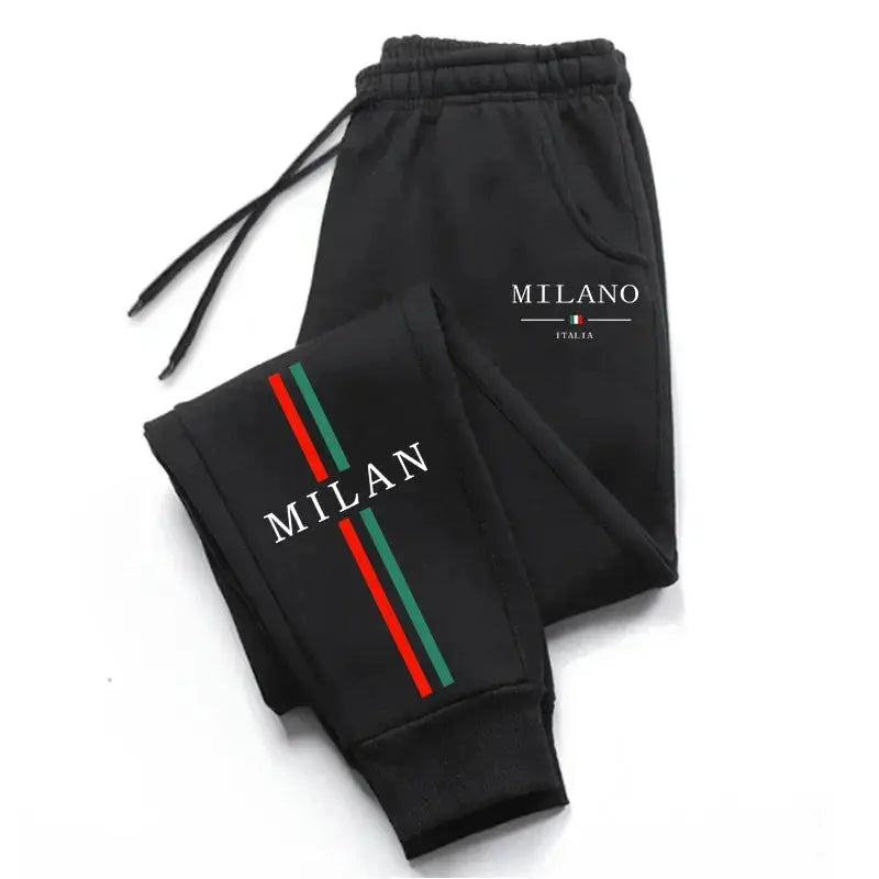 Milan City printed jogger pants for men, black with red and green stripes and Milano logo accents