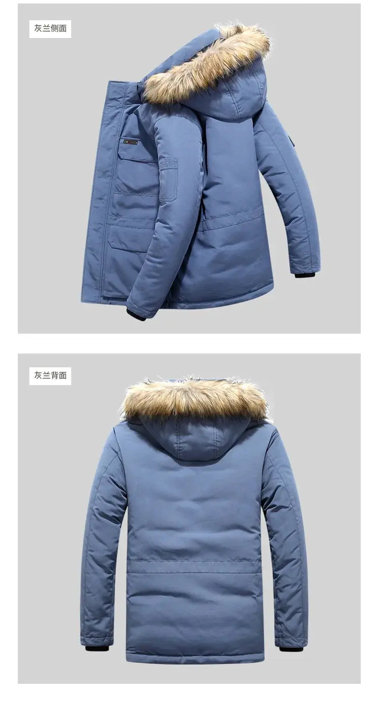 Men's blue down parka from Simples Market with fur-trimmed hood, mid-length, thick insulated coat.