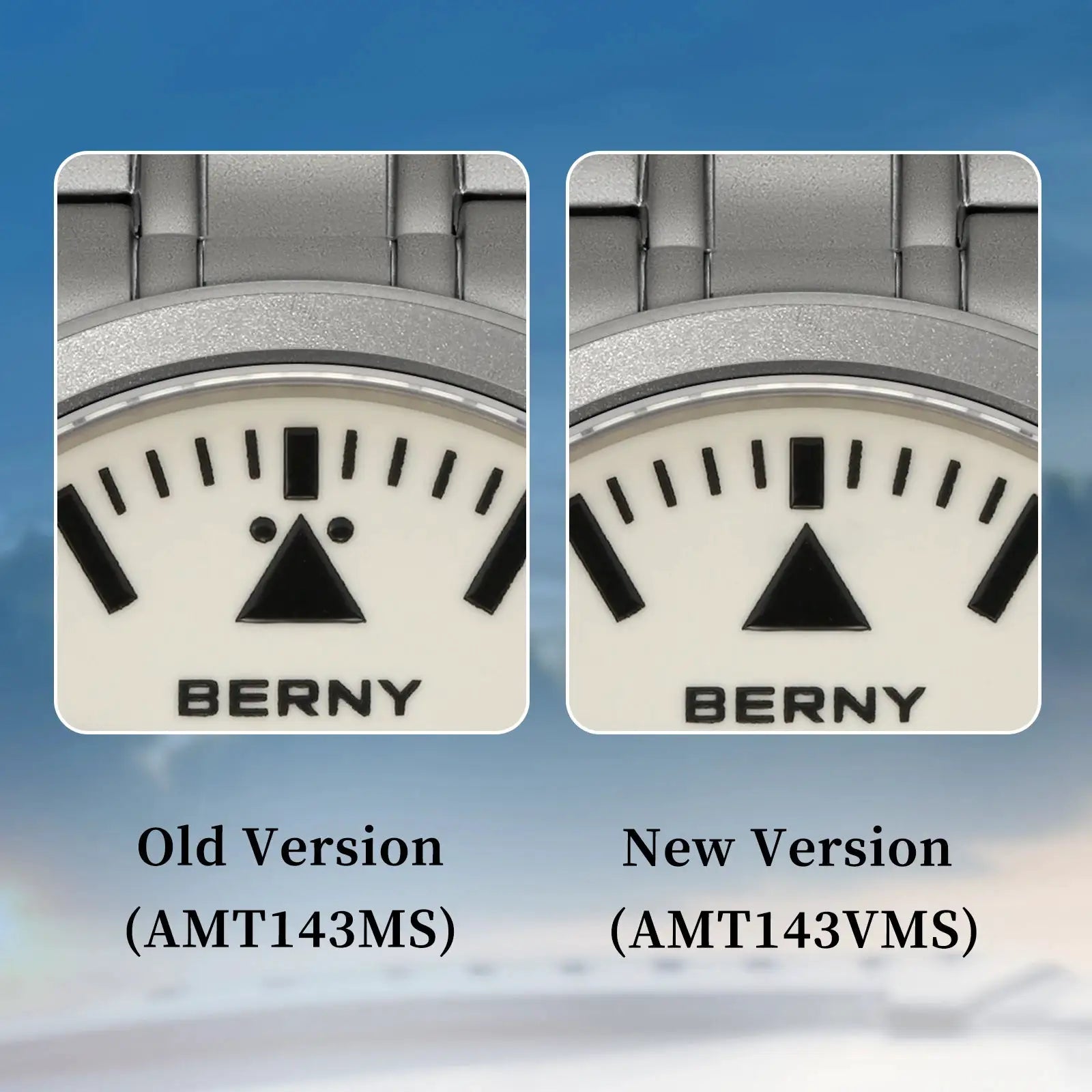Two BERNY aviation watches AMT143MS with titanium bracelet, old version vs new version comparison