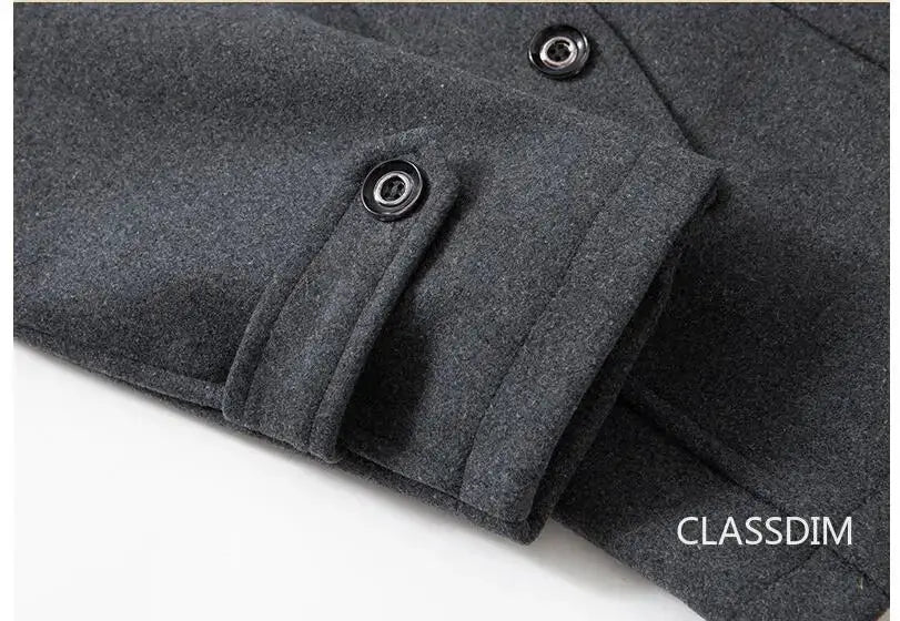 Men's charcoal wool-blend trench coat with buttoned cuff strap, CLASSDIM watermark