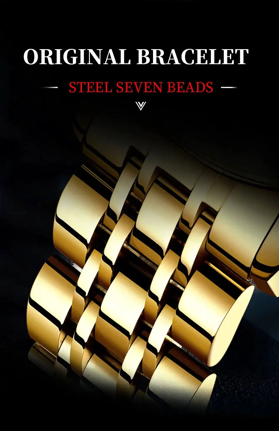 Gold-tone metal bracelet with polished rectangular links on a dark background