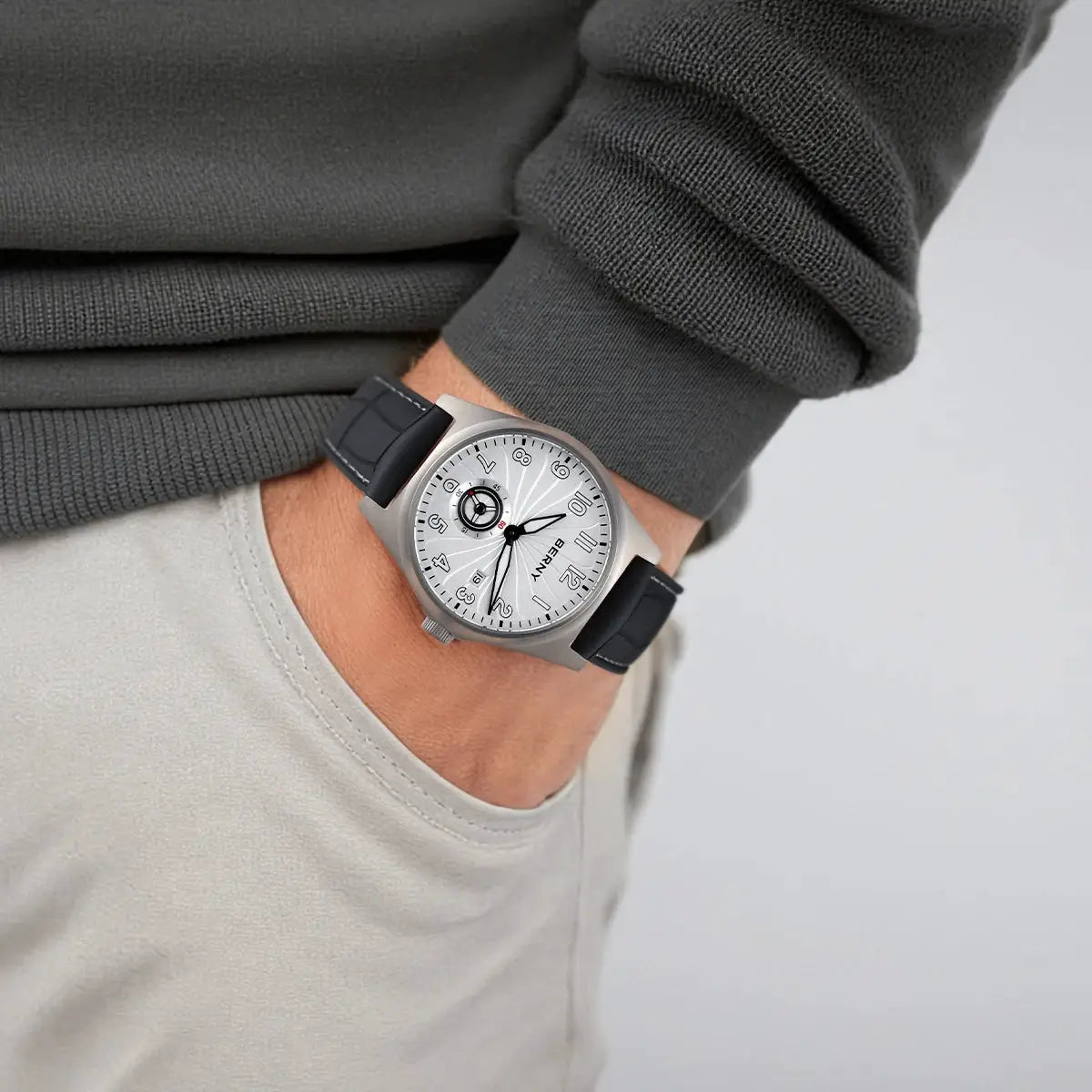 BERNY full titanium automatic men watch with silver dial and black strap