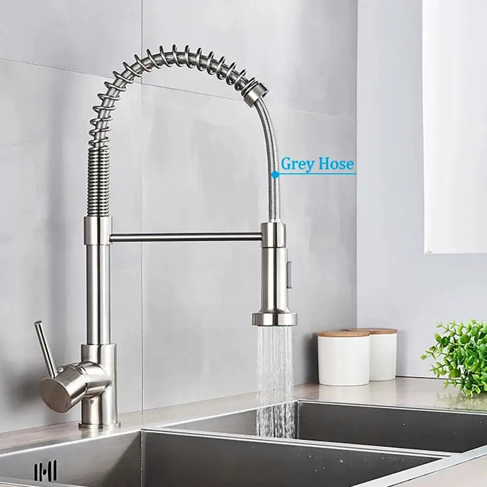 Spring brushed nickel kitchen faucet, deck-mounted mixer with 360° rotation and spray nozzle, grey hose