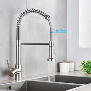 Spring brushed nickel kitchen faucet, deck-mounted mixer with 360° rotation and spray nozzle, grey hose