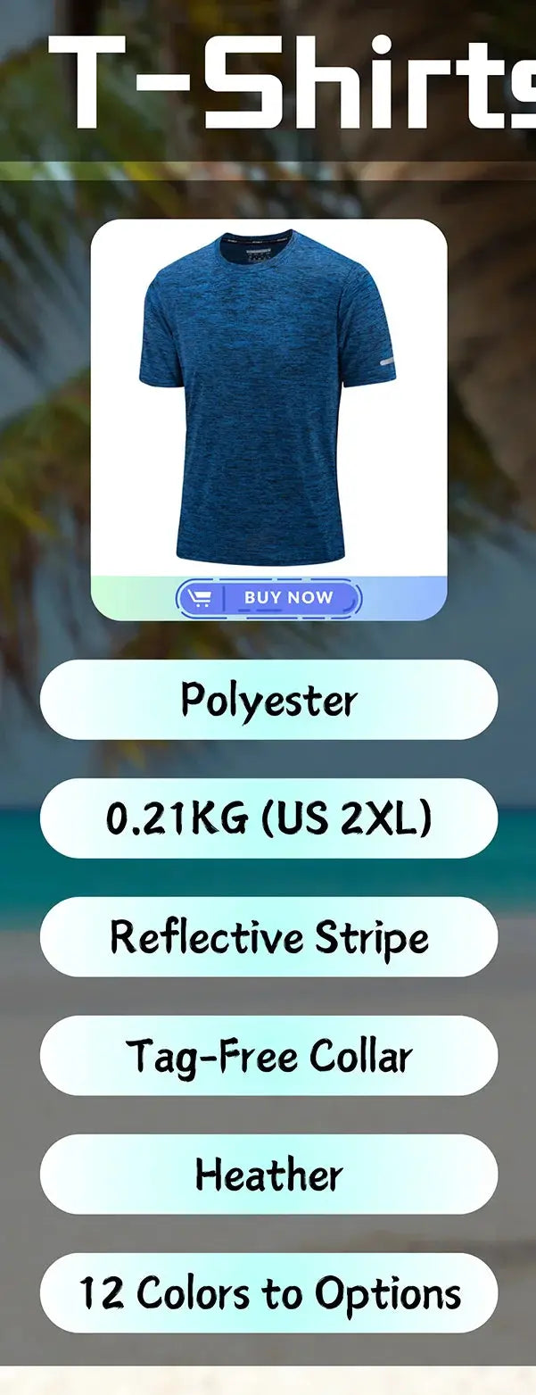 Blue polyester men's T-shirt displayed on a product card.