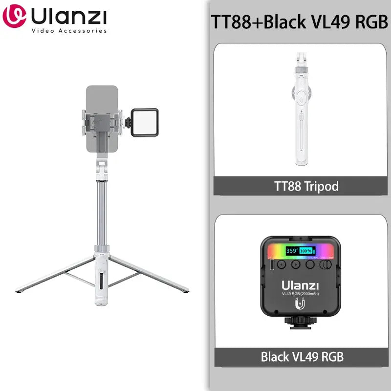 Ulanzi TT88 overhead selfie stick tripod with magnetic phone clamp, white finish; shown with Black VL49 RGB light