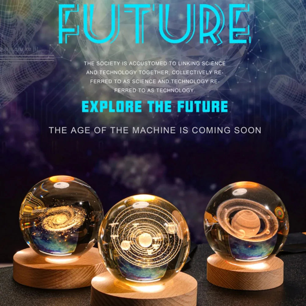3D crystal ball night light lamp 3-piece set with laser-engraved solar system globes on wooden bases, warm amber glow