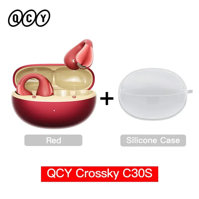 QCY Crossky C30S open-ear wireless earbuds in red with charging case and silicone case (2-piece set)
