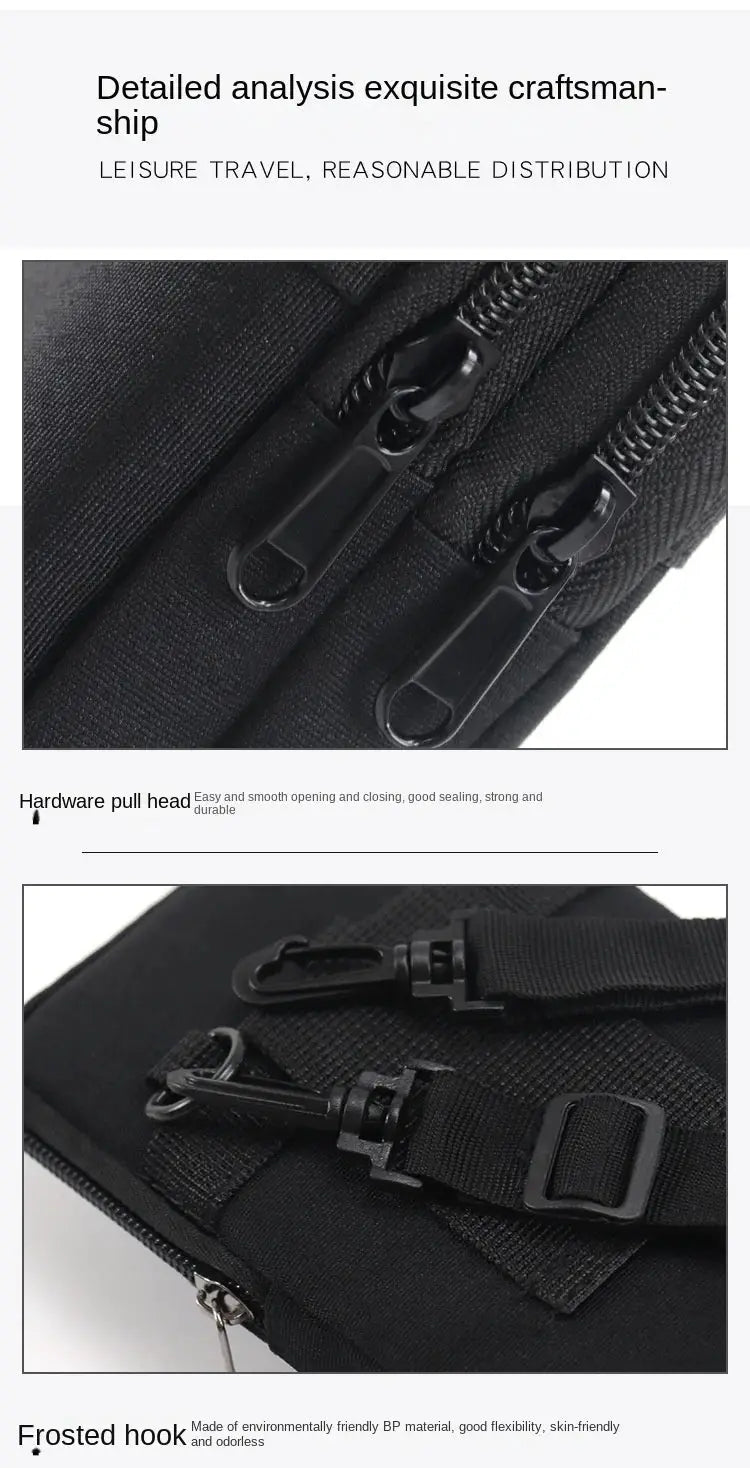 Men's waterproof tactical waist pack by Simples Market with multiple zip pockets and phone pouch, black fabric