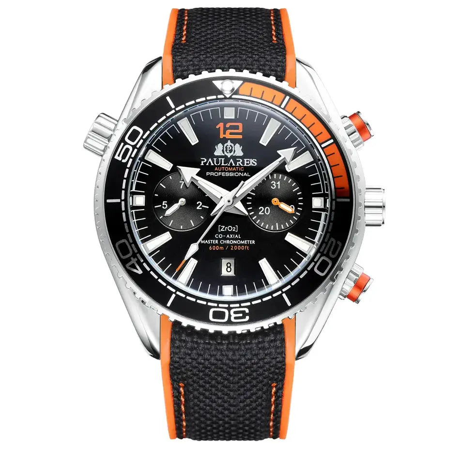 Paulareis P men's automatic self-wind watch with black dial, orange accents, stainless steel case and rubber strap