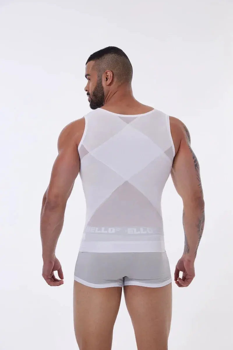 Mens Slimming Body Shaper Vest by Simples Market, white with criss-cross mesh back, sleeveless, supportive fit