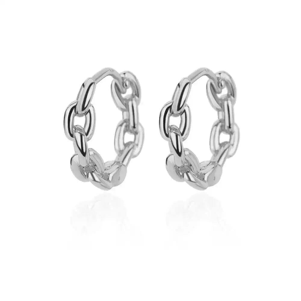 Elegant round stainless steel hoop earrings with silver chain-link design, pair