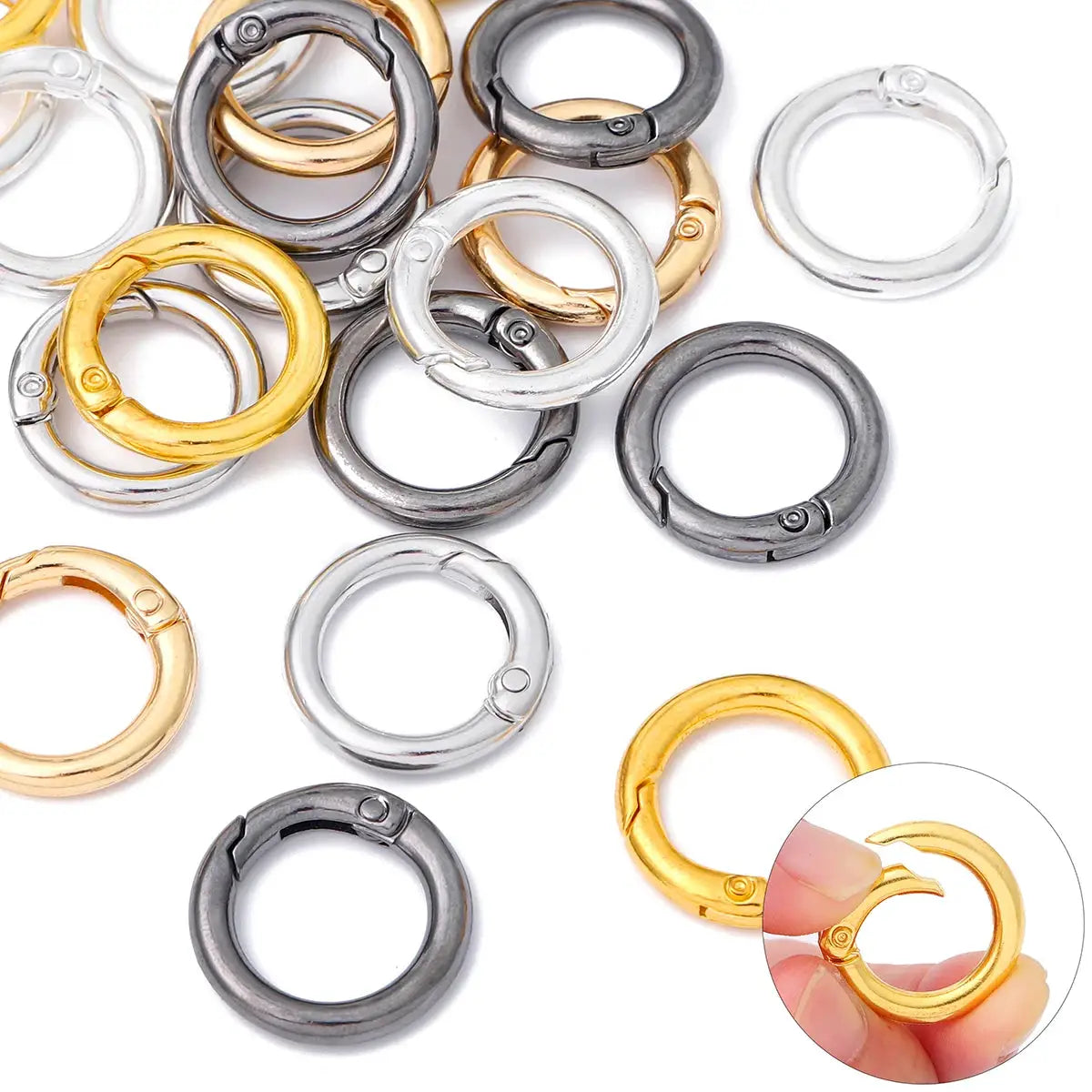 Alloy open-spring ring buckle set, 10 pcs by Simples Market; silver, gold and gunmetal circular keychain rings