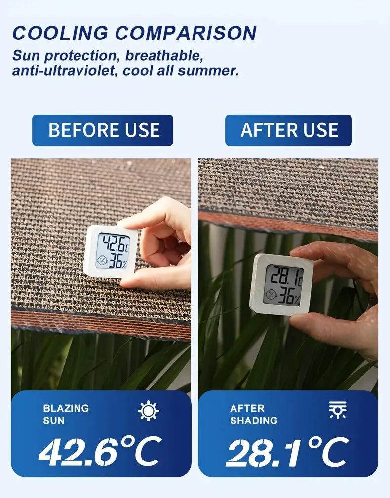 Garden shade cloth with grommets in brown woven fabric; before/after cooling comparison shows 42.6°C vs 28.1°C.