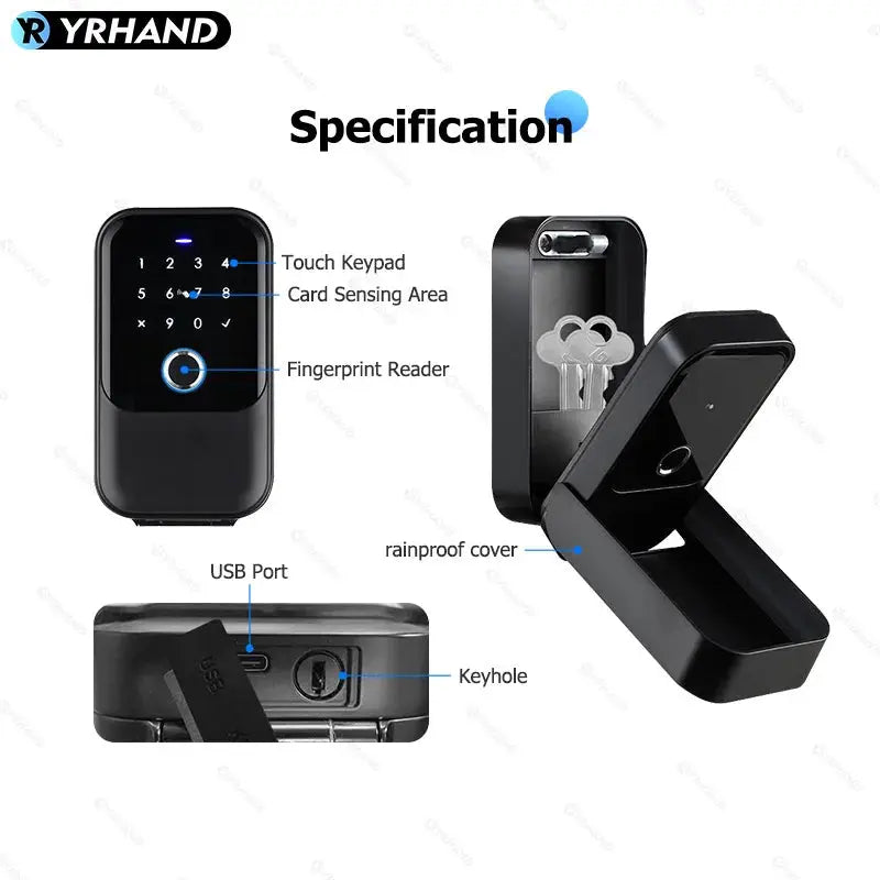YRHAND TTlock smart lock box with touch keypad, fingerprint reader, card sensing area, USB port, rainproof cover