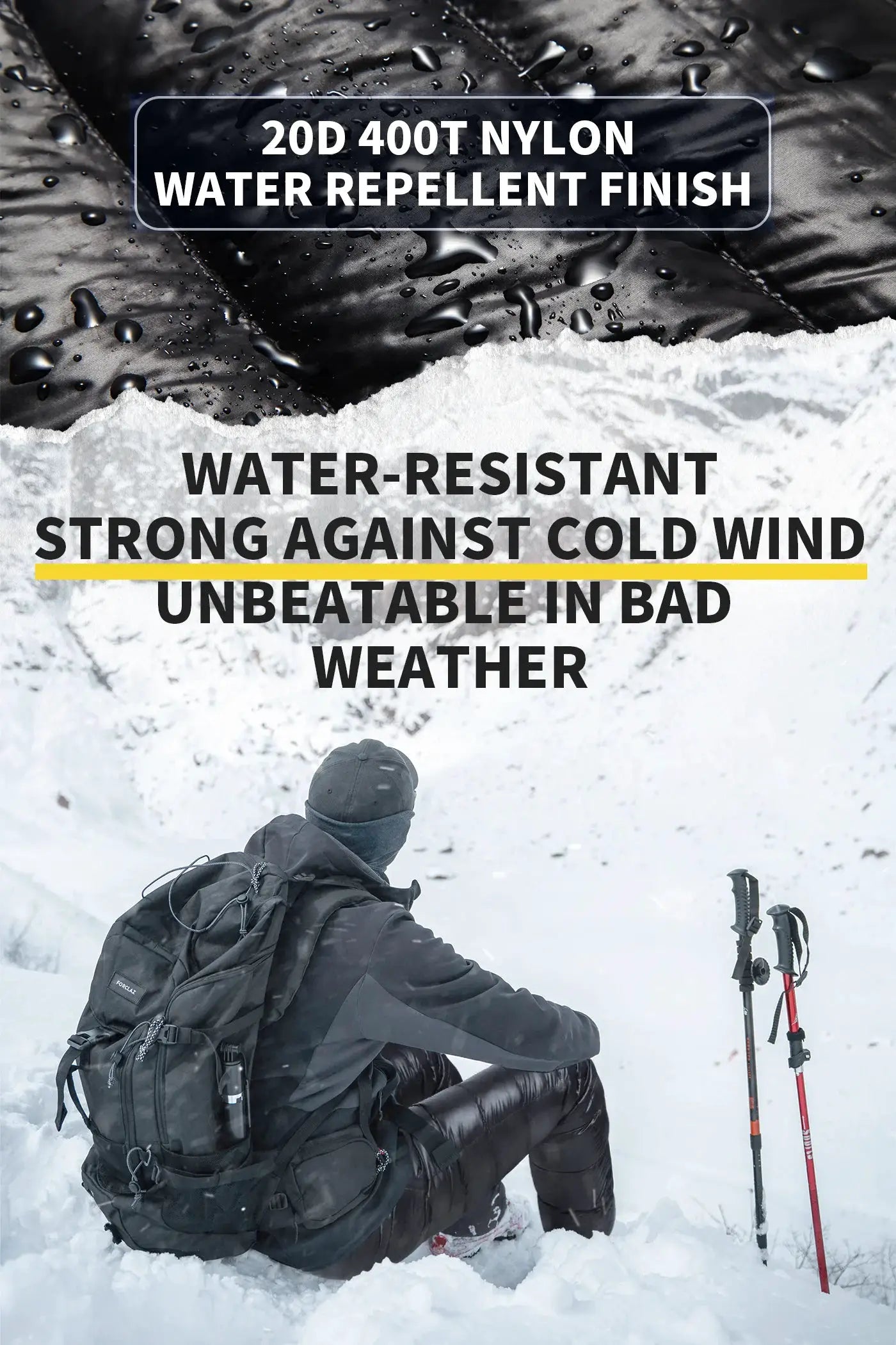 MAPLEAF Winter Pants Ultralight down hiking trousers in black; water-resistant and windproof, worn with Forclaz backpack.