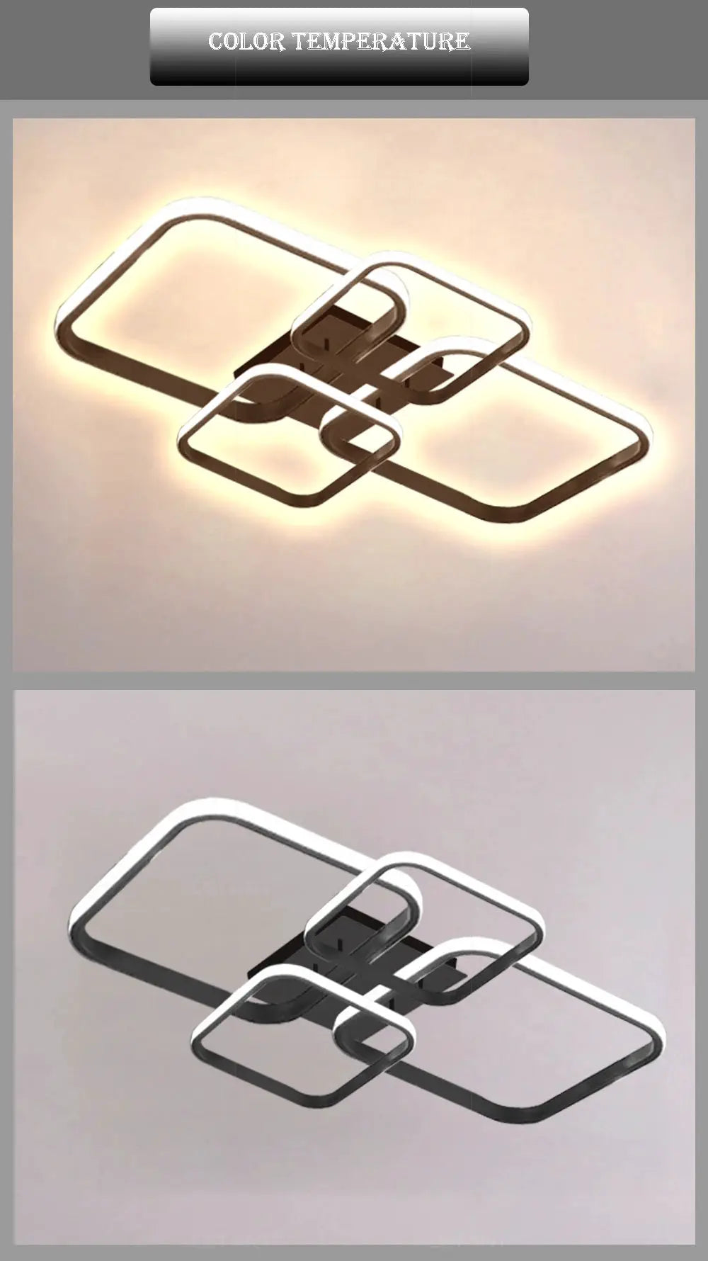 Modern LED ceiling light with four square frames in black and white by Simples Market.