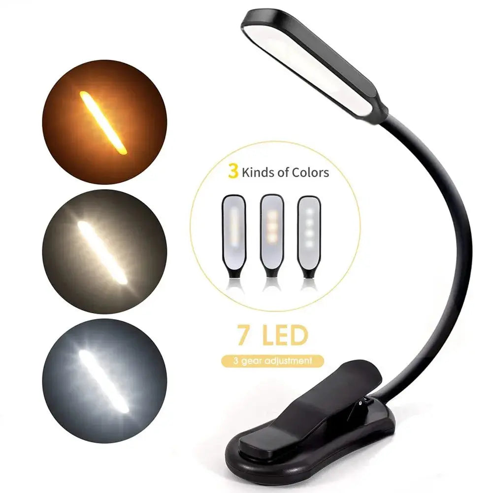 Simples Market LED book light, USB rechargeable clip-on reading lamp with flexible gooseneck and 3 color temps.