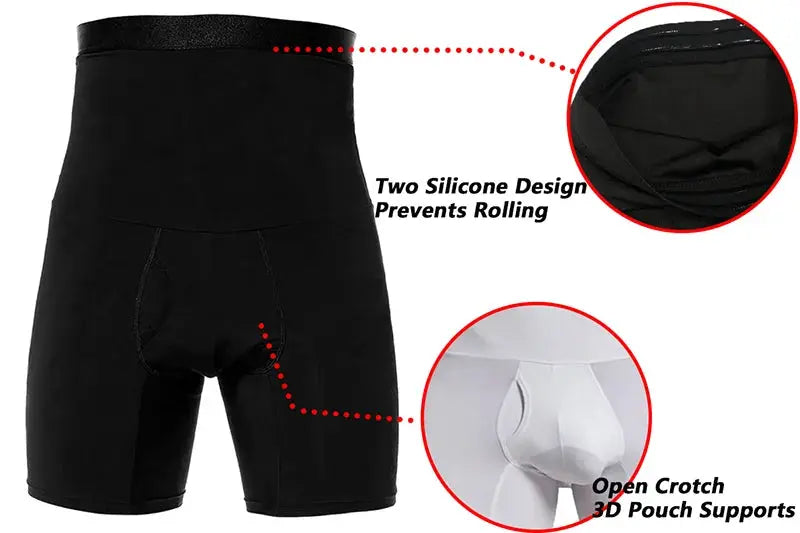 Men's tummy-control shapewear shorts; black high-waist with silicone grip and white open-crotch 3D pouch set