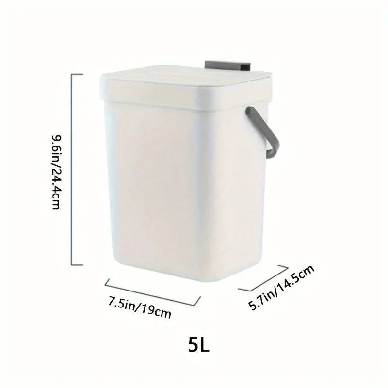 Space-Saving 5L trash can by Simples Market, quiet-close lid, white plastic, sealed for kitchen/office.