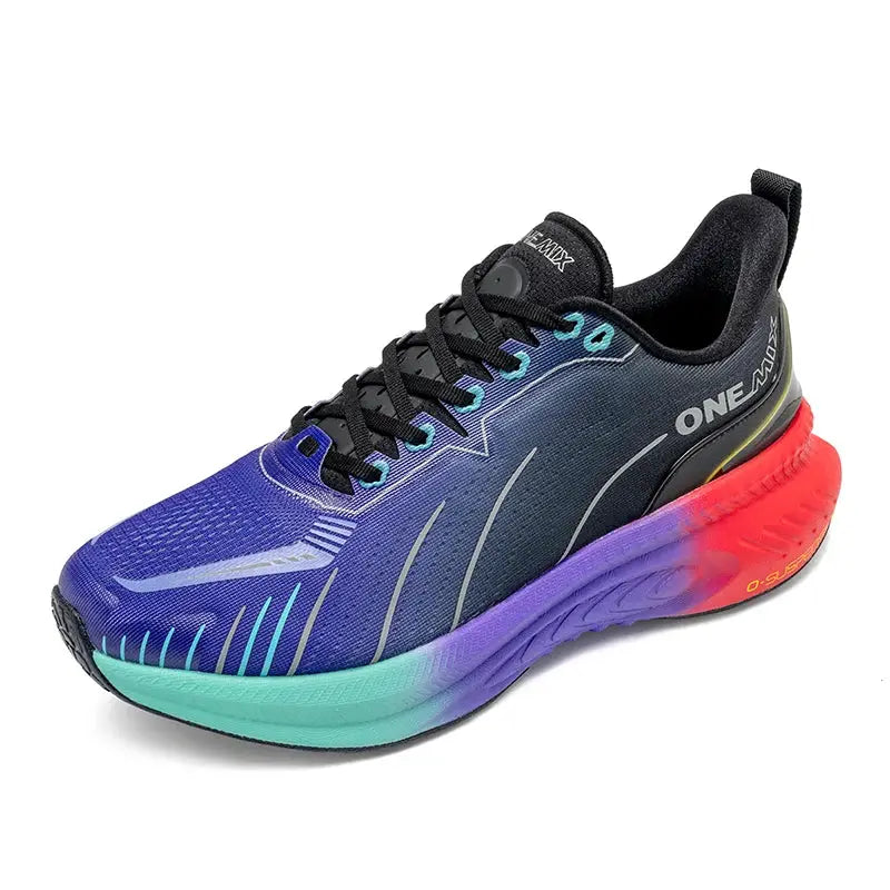 ONEMIX running shoes with gradient blue to purple upper and rainbow sole, lace-up athletic sneakers