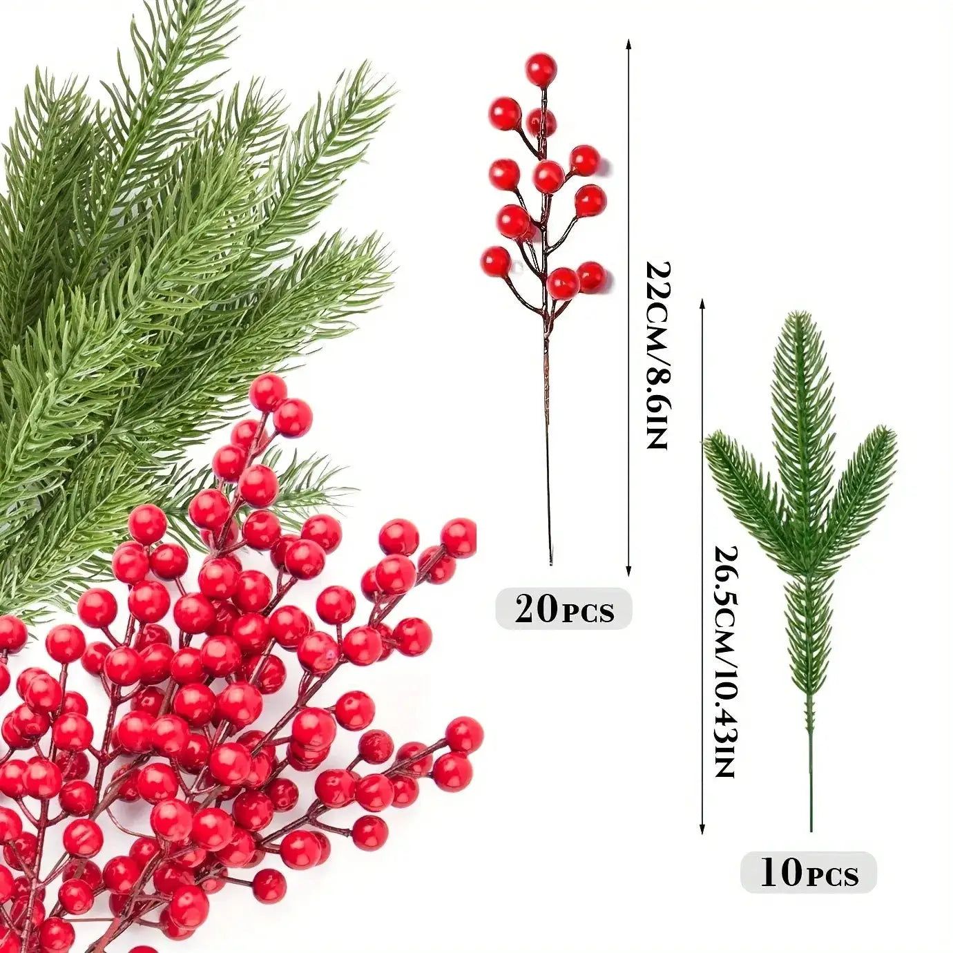 Simples Market 10Pcs Christmas artificial pine branches with red holly berries for Christmas tree and wreaths