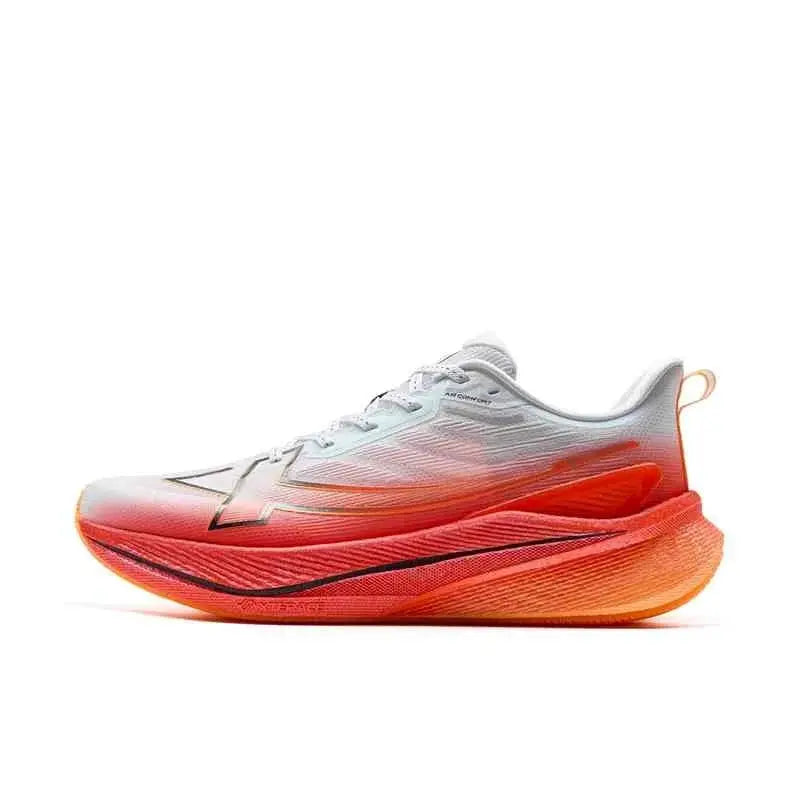 Xtep men's running shoe with white-gray upper and bright orange cushioned midsole