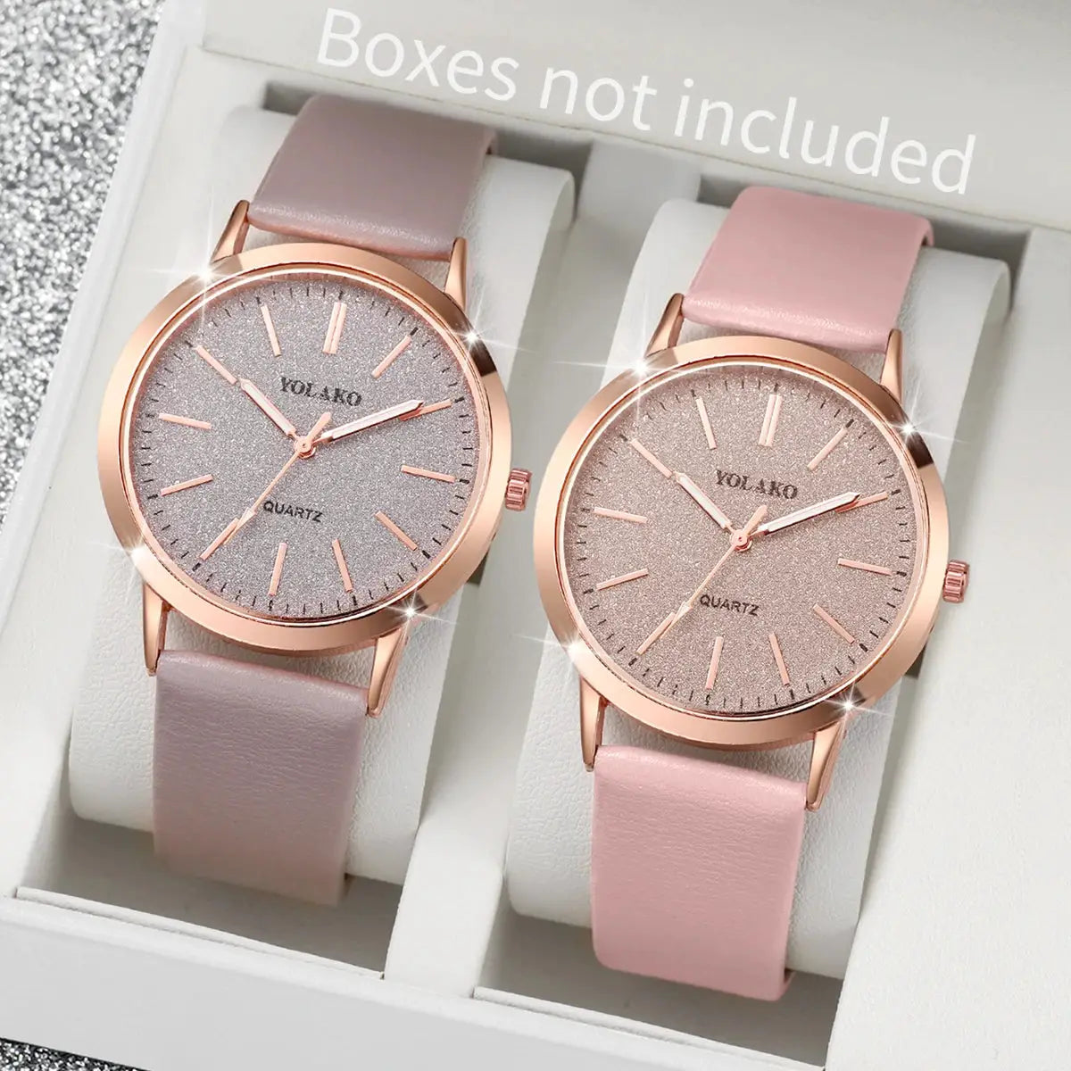 2-piece women's quartz watch set with rose-gold cases, glittery pink dials, and pink mauve leather bands by Simples Market